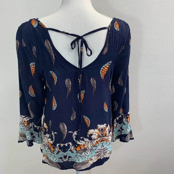 Ganji LA Small Top Navy Floral Print  3/4 Flare Sleeve Light Boho Office M21 - Picture 2 of 9